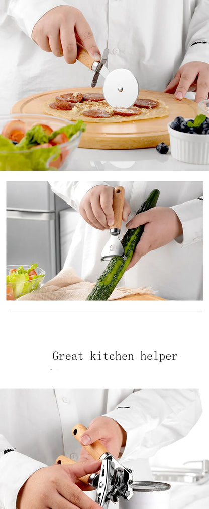 Kitchen Gadget Set Wooden Handle Stainless Steel Utensils Can Opener Peeler Garlic Press Cheese Grater Whisk Kitchen Accessories