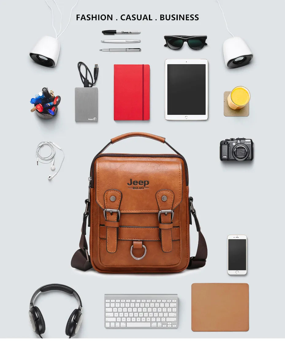 JEEP BULUO Multi-Function Business Handbags New Man's Shoulder Bag Large Capacity Leather Messenger Bag Crossbody Big Brand