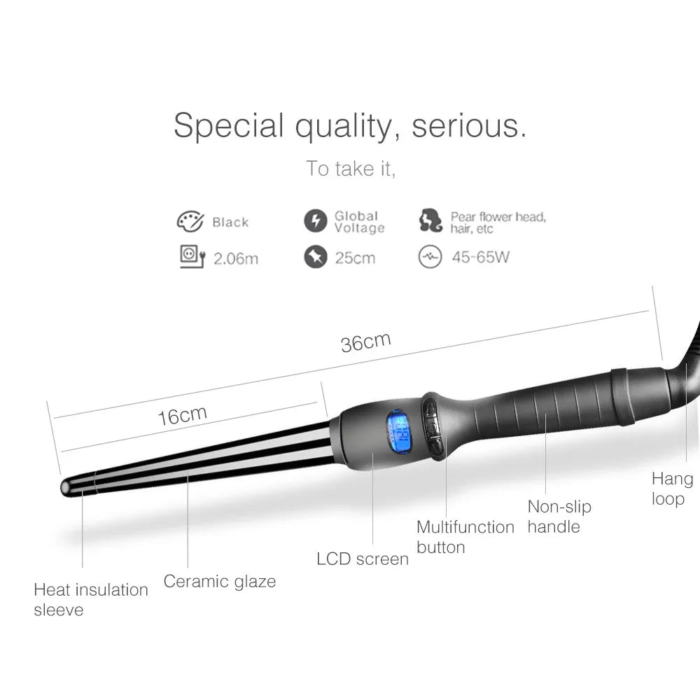 LCD Curlers Conical Curling Iron Single Tube Ceramic Glaze Pear Flower Cone Electric Hair Curly Hair General Voltage: 110-240 v