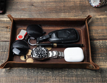 Genuine Leather Foldable Storage Trays Cowhide Square Tray Key Wallet Coin Organizer Home Office Desktop Storage Sundries Box