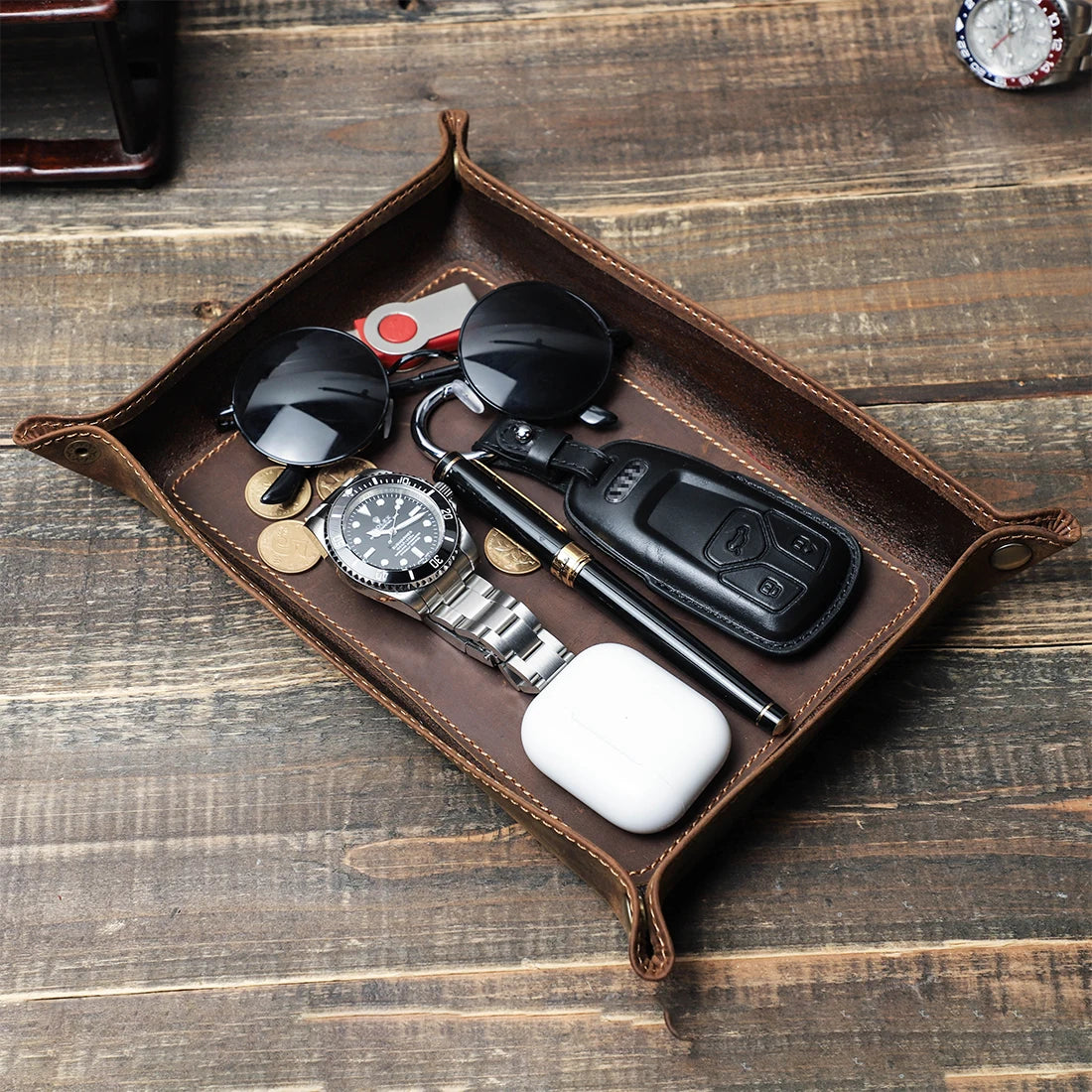Genuine Leather Foldable Storage Trays Cowhide Square Tray Key Wallet Coin Organizer Home Office Desktop Storage Sundries Box