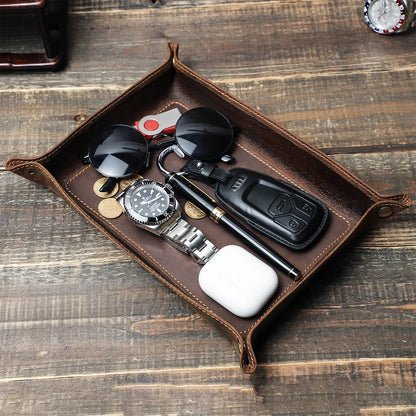 Genuine Leather Foldable Storage Trays Cowhide Square Tray Key Wallet Coin Organizer Home Office Desktop Storage Sundries Box