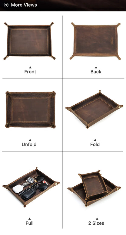 Genuine Leather Foldable Storage Trays Cowhide Square Tray Key Wallet Coin Organizer Home Office Desktop Storage Sundries Box