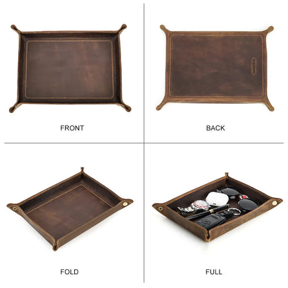 Genuine Leather Foldable Storage Trays Cowhide Square Tray Key Wallet Coin Organizer Home Office Desktop Storage Sundries Box