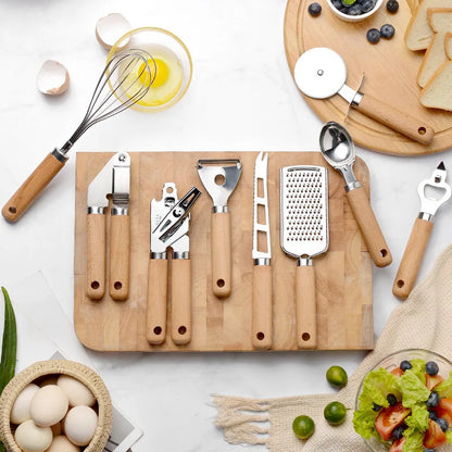 Kitchen Gadget Set Wooden Handle Stainless Steel Utensils Can Opener Peeler Garlic Press Cheese Grater Whisk Kitchen Accessories