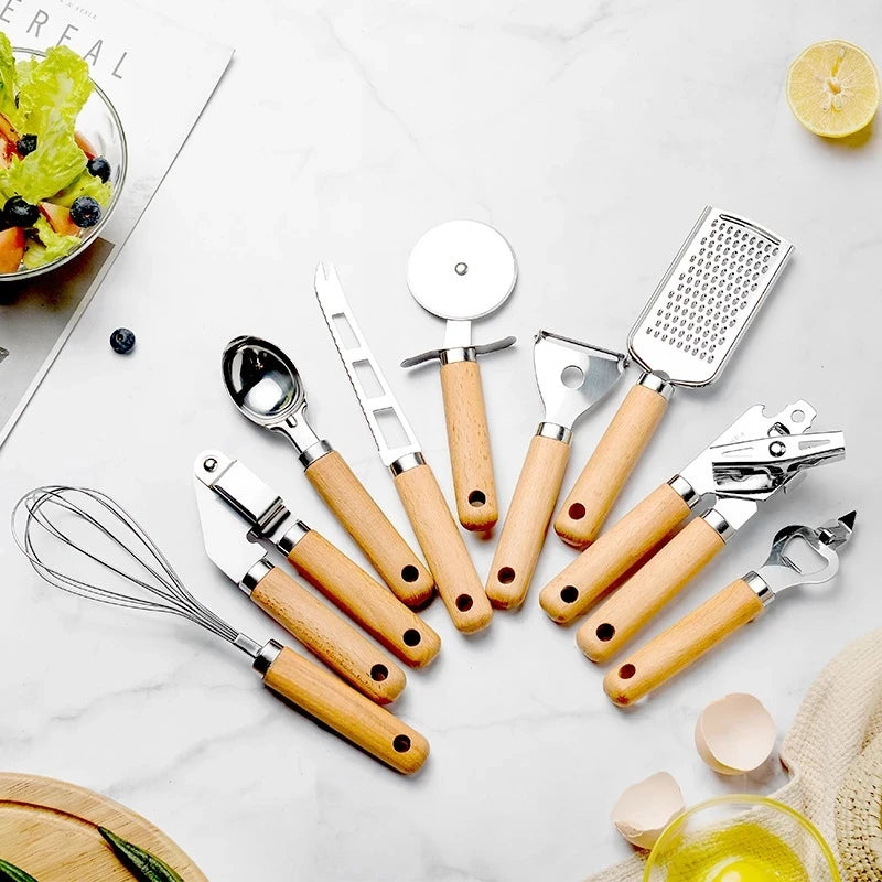 Kitchen Gadget Set Wooden Handle Stainless Steel Utensils Can Opener Peeler Garlic Press Cheese Grater Whisk Kitchen Accessories