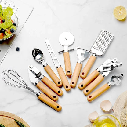 Kitchen Gadget Set Wooden Handle Stainless Steel Utensils Can Opener Peeler Garlic Press Cheese Grater Whisk Kitchen Accessories