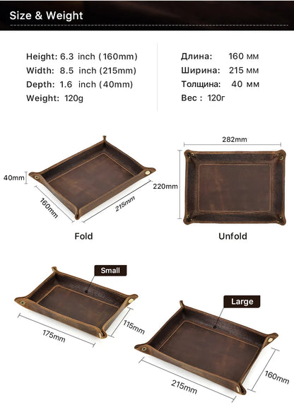 Genuine Leather Foldable Storage Trays Cowhide Square Tray Key Wallet Coin Organizer Home Office Desktop Storage Sundries Box