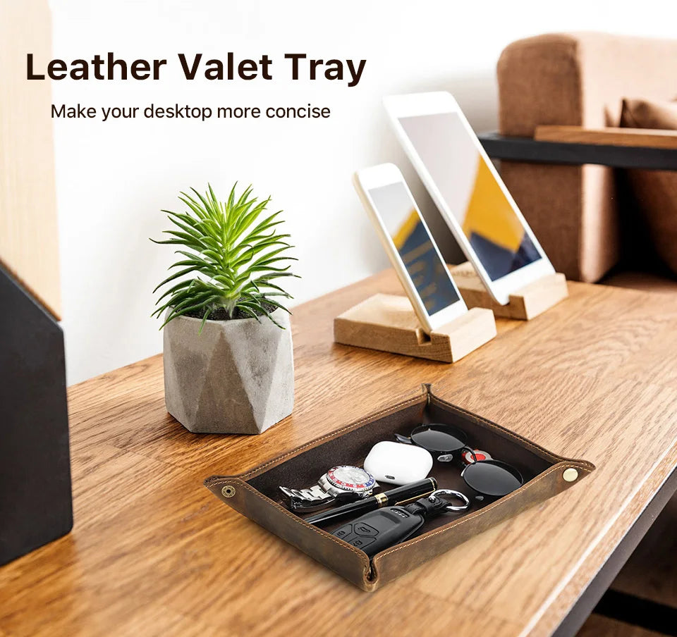 Genuine Leather Foldable Storage Trays Cowhide Square Tray Key Wallet Coin Organizer Home Office Desktop Storage Sundries Box