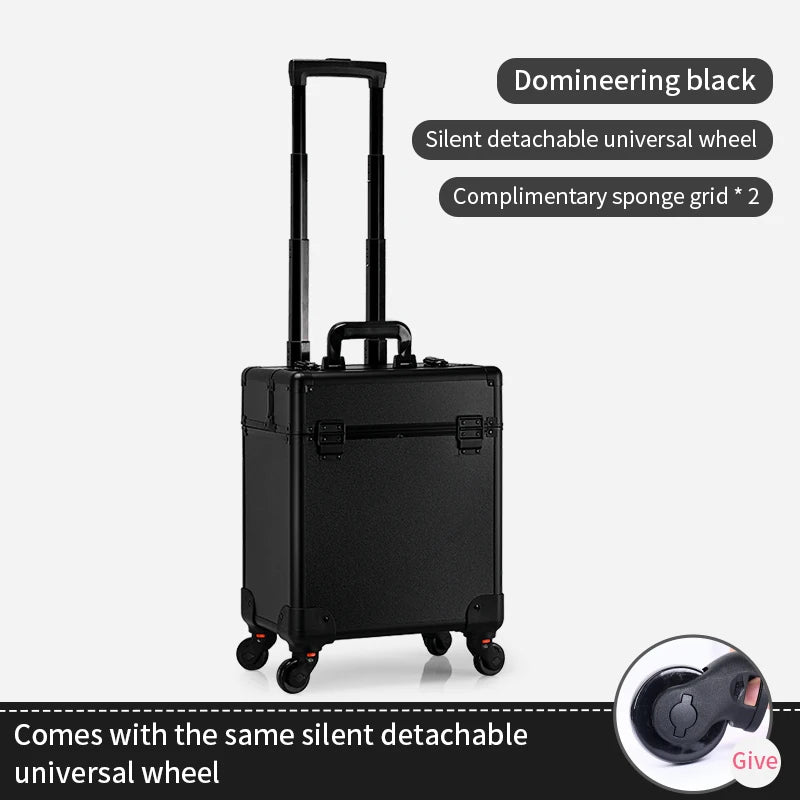Aluminum Rolling Makeup Case Lockable Cosmetic Salon Organizer Trolley Case with Trays