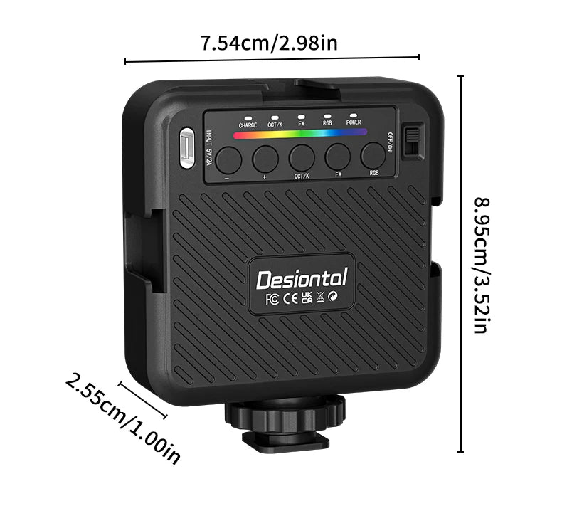 Desiontal RGB Video Light LED Camera Light 360° Full Color CRI 95+ 3000-6500K Dimmable Panel Lamp with 3 Cold Shoe 1500mAh