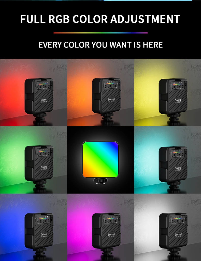 Desiontal RGB Video Light LED Camera Light 360° Full Color CRI 95+ 3000-6500K Dimmable Panel Lamp with 3 Cold Shoe 1500mAh