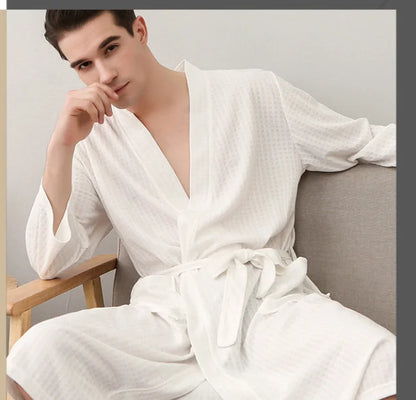White Waffle Bathrobe Quick-dry Soft Long Sleeved Bathrobe For Women Men Home Hotel Spa Couple Sleepwear XXXL Thin Summer