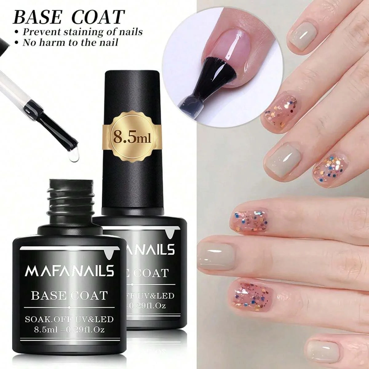2pcs 8.5ml Base Coat & Top Coat Gel Nail Polish Set - Long Lasting Soak Off LED Nail Lamp Gel Base Top Coat Finish Nail Varnish