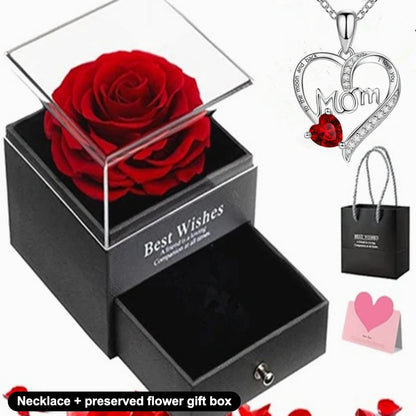 Luxury Preserved Flower Gift Box With Purple Rose & "MOM I Love You" Heart Pendant Necklace - Elegant Mother's Day Anniversary
