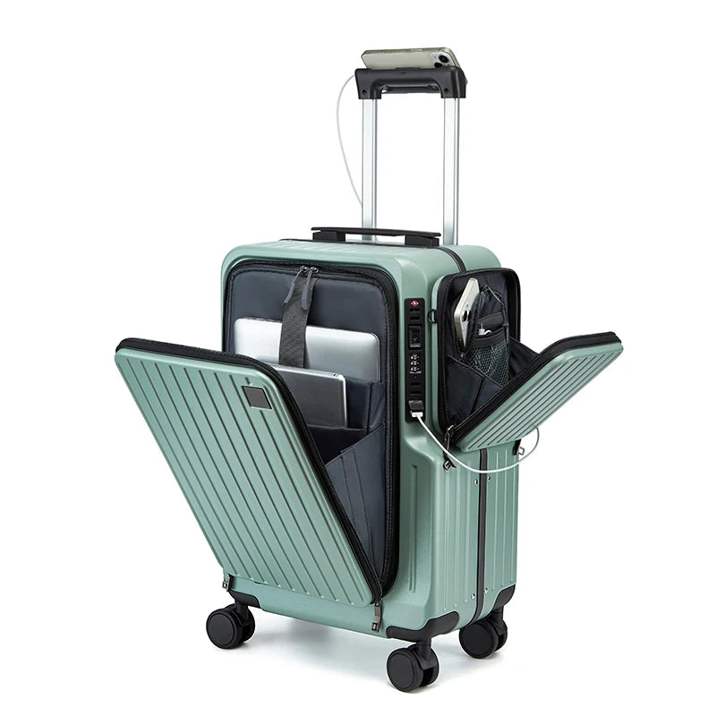 Front-opening Carry-On Suitcase multiple function Laptop Boarding Case with USB Charging Trolley Case 20 Inch A Travel Luggage