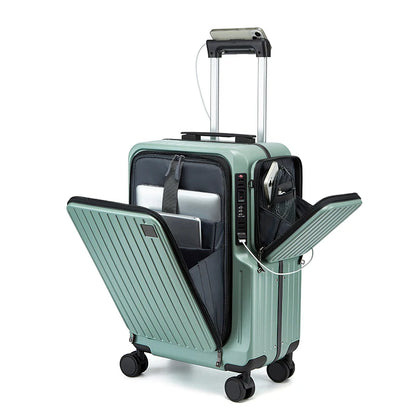 Front-opening Carry-On Suitcase multiple function Laptop Boarding Case with USB Charging Trolley Case 20 Inch A Travel Luggage