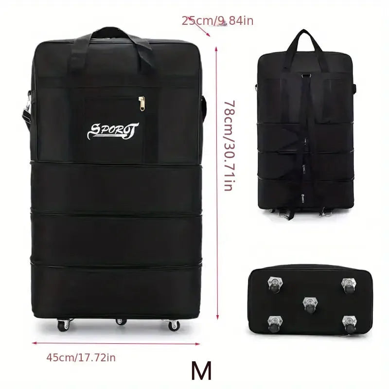 Travelling Pack Wheels For Women Men Expandable Foldable Trolley Luggage Versatile Black Suitcase for Weekend Trip Overnight Bag