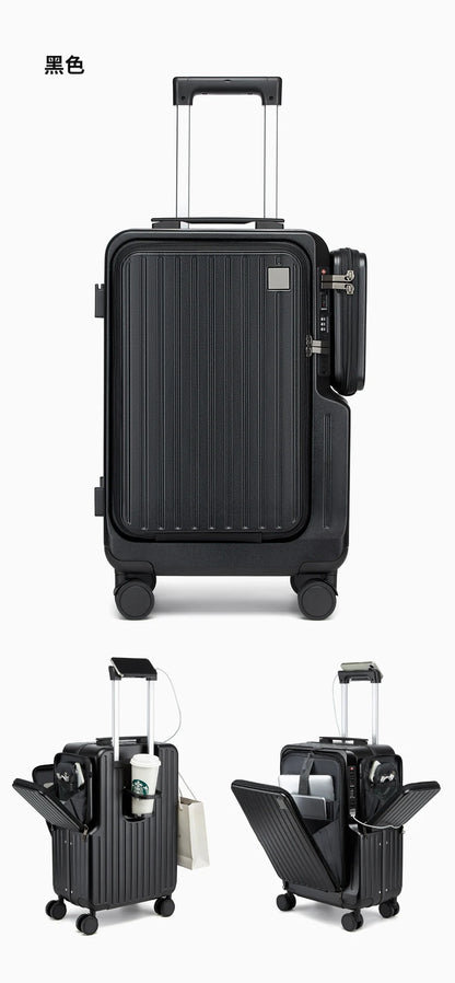 Front-opening Carry-On Suitcase multiple function Laptop Boarding Case with USB Charging Trolley Case 20 Inch A Travel Luggage