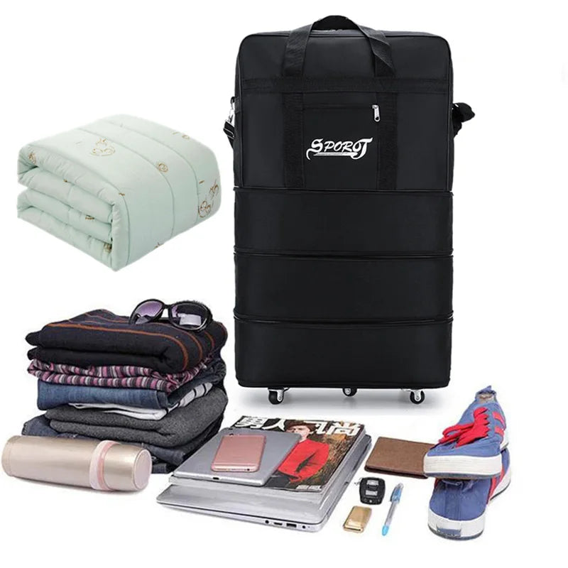 Travelling Pack Wheels For Women Men Expandable Foldable Trolley Luggage Versatile Black Suitcase for Weekend Trip Overnight Bag