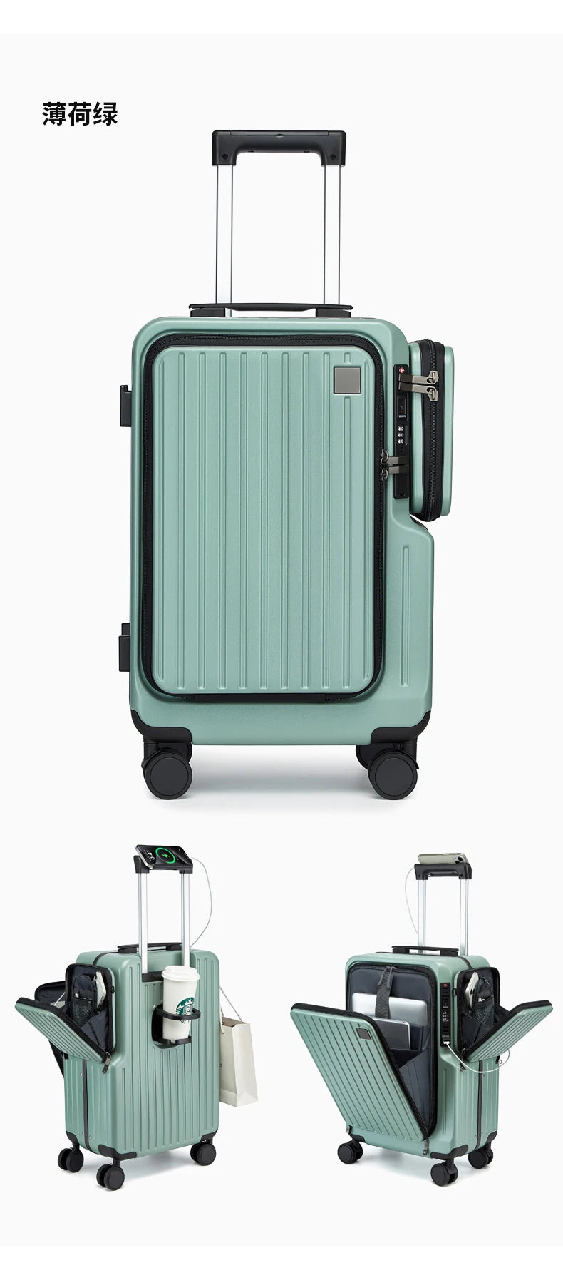 Front-opening Carry-On Suitcase multiple function Laptop Boarding Case with USB Charging Trolley Case 20 Inch A Travel Luggage