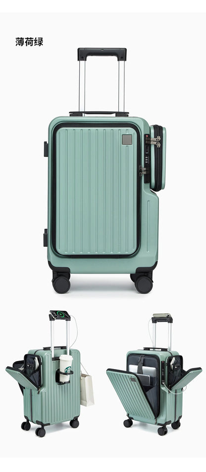 Front-opening Carry-On Suitcase multiple function Laptop Boarding Case with USB Charging Trolley Case 20 Inch A Travel Luggage