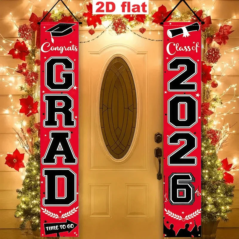 VIKAMA 2026 Graduation Season Door Banner Red and Black Academic Cap Logo Indoor/Outdoor Hanging Backdrop Graduation Party Decor