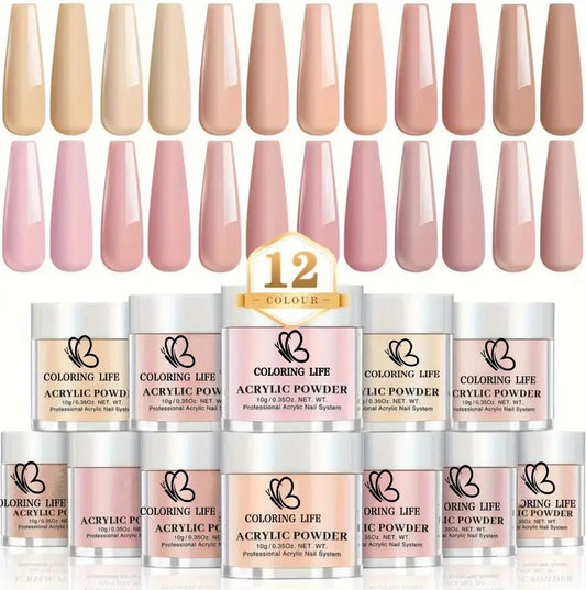 6/12 Colors Nail Acrylic Powder Set Nude/Pink/Brown Nails Crystal Powder for Nail Art Tips Extension 3D Carving Dipping Powder FA