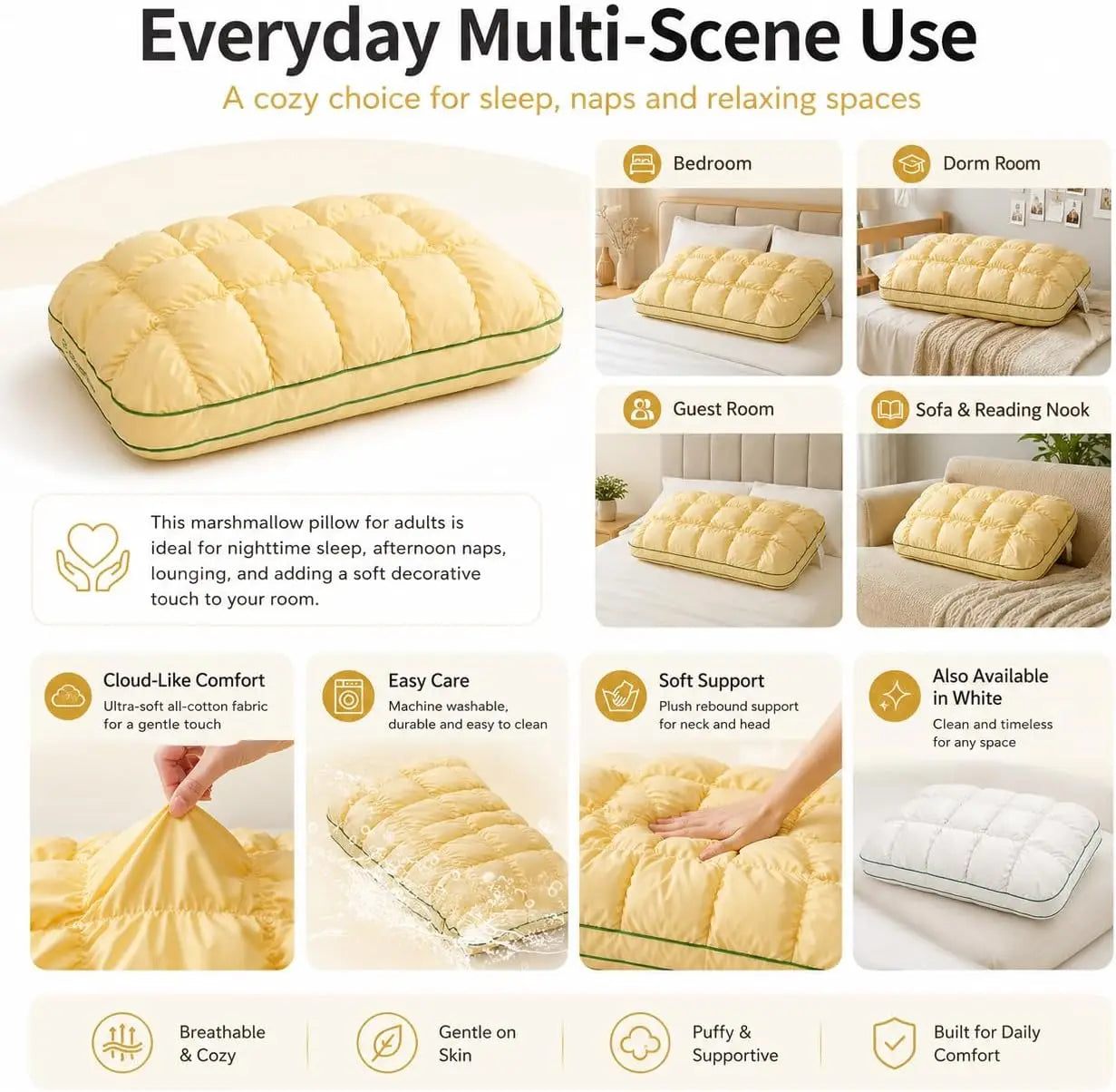 Marshmallow-Soft Pillow for Adults, Soft Cloud-Like Fluffy Pillow for Sleeping, Bedroom, Side and Back Sleepers (FREE Robe and Eye Mask)
