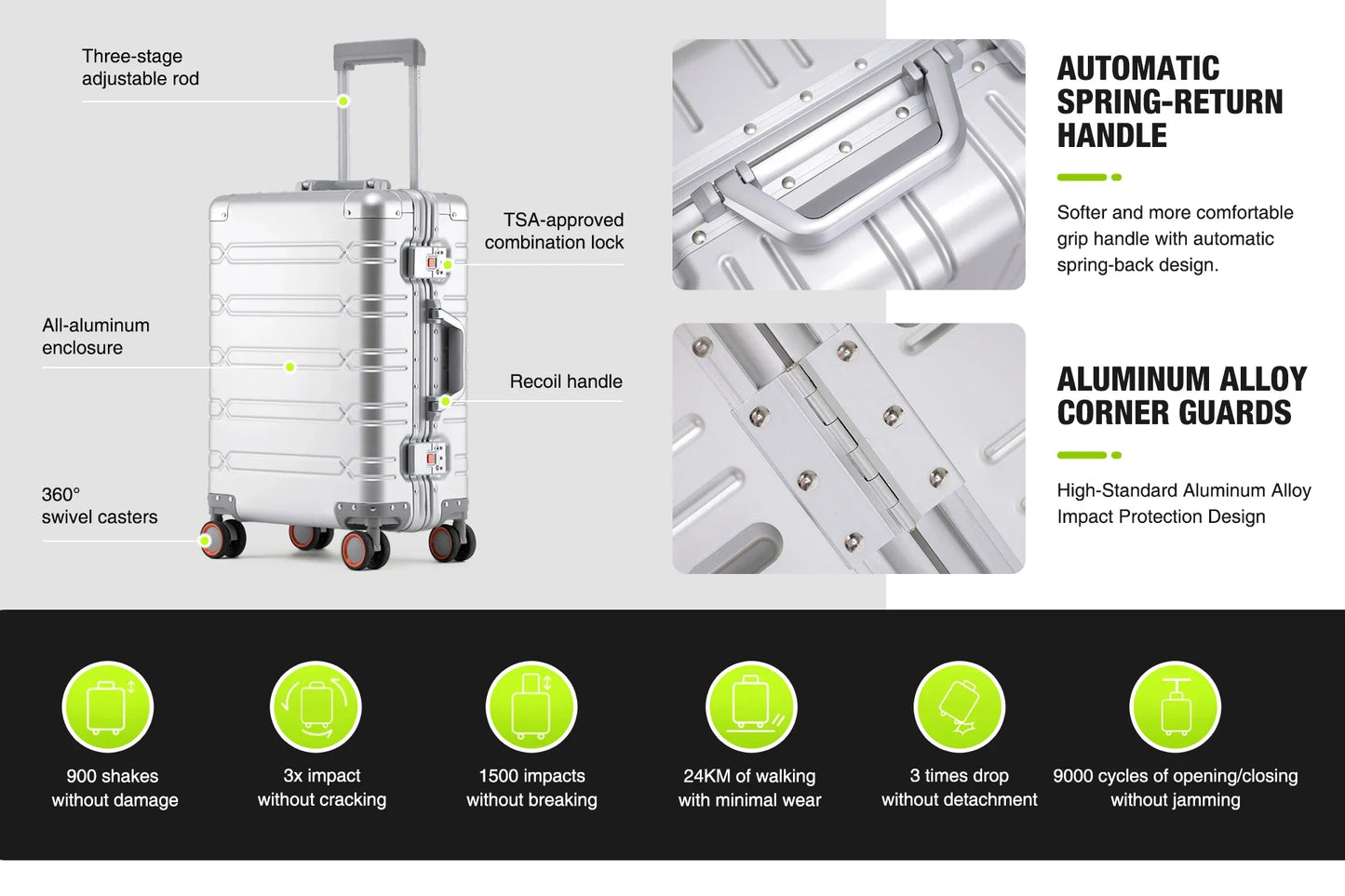 Large-Capacity 100% Aluminum Travel Luggage 20/24/29 Inch 360° Spinner Wheels TSA Lock Carry-On Checked Trolley Suitcase