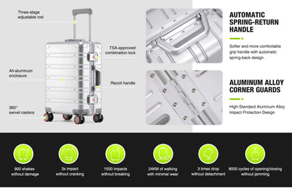 Large-Capacity 100% Aluminum Travel Luggage 20/24/29 Inch 360° Spinner Wheels TSA Lock Carry-On Checked Trolley Suitcase