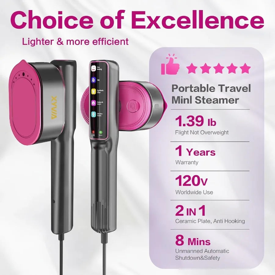 1200W Portable Handheld Garment Steamer with 15-Second Fast Heat-Up 5 Mode LCD Touch Display 110ml Water Tank for Efficient Wet