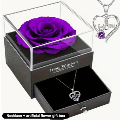 Luxury Preserved Flower Gift Box With Purple Rose & "MOM I Love You" Heart Pendant Necklace - Elegant Mother's Day Anniversary