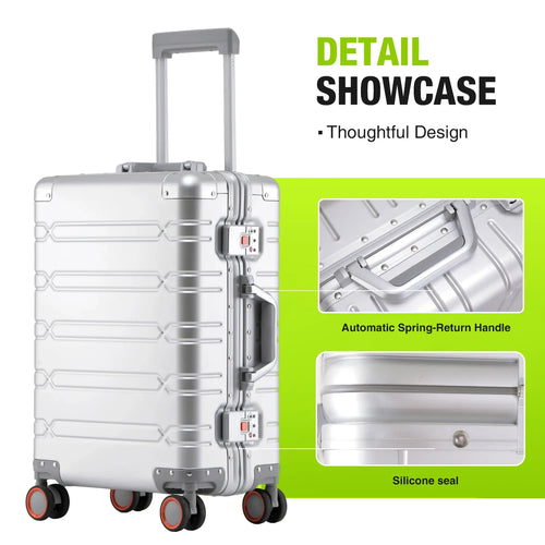 Large-Capacity 100% Aluminum Travel Luggage 20/24/29 Inch 360° Spinner Wheels TSA Lock Carry-On Checked Trolley Suitcase