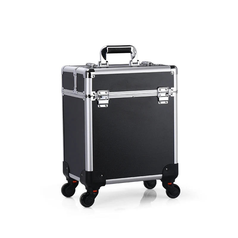 Aluminum Rolling Makeup Case Lockable Cosmetic Salon Organizer Trolley Case with Trays