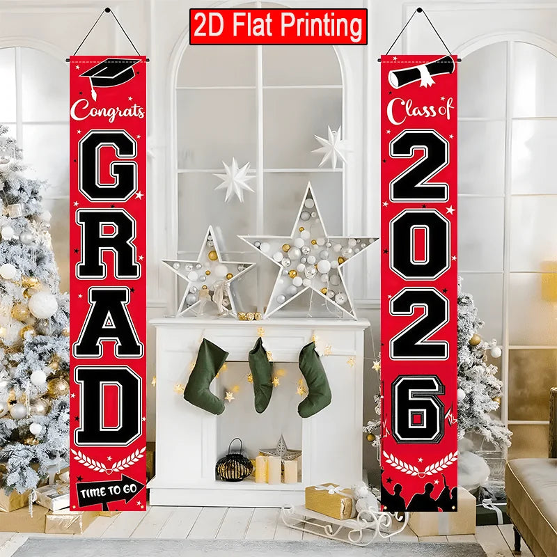 VIKAMA 2026 Graduation Season Door Banner Red and Black Academic Cap Logo Indoor/Outdoor Hanging Backdrop Graduation Party Decor