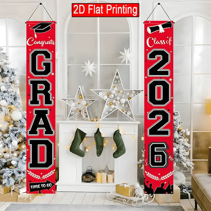 VIKAMA 2026 Graduation Season Door Banner Red and Black Academic Cap Logo Indoor/Outdoor Hanging Backdrop Graduation Party Decor