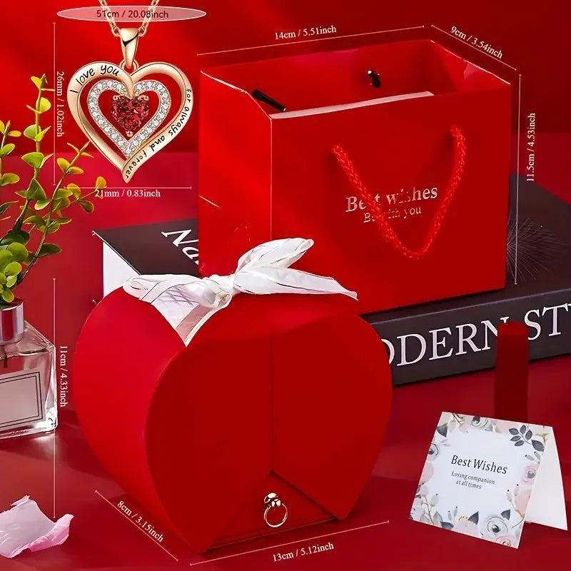 Heart Necklace with Red Rose Gift Box for Mother's Day Present, Christmas Day, Valentine's Date Souvenir, Anniversary Keepsake