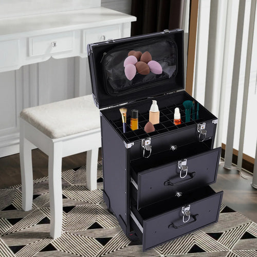 Rolling Makeup Train Case Travel Cosmetic Organizer Box with Dividers Cosmetic Trolley with Lock Cosmetics Storage Organizer