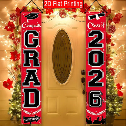 VIKAMA 2026 Graduation Season Door Banner Red and Black Academic Cap Logo Indoor/Outdoor Hanging Backdrop Graduation Party Decor
