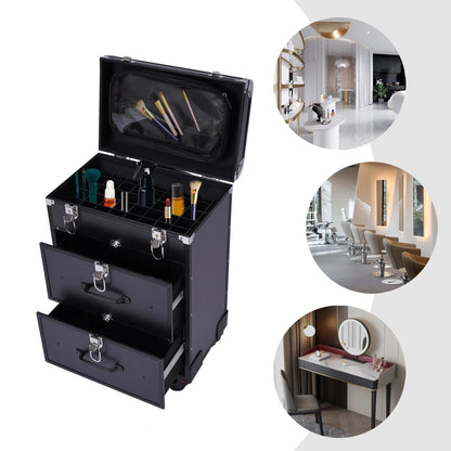 Rolling Makeup Train Case Travel Cosmetic Organizer Box with Dividers Cosmetic Trolley with Lock Cosmetics Storage Organizer