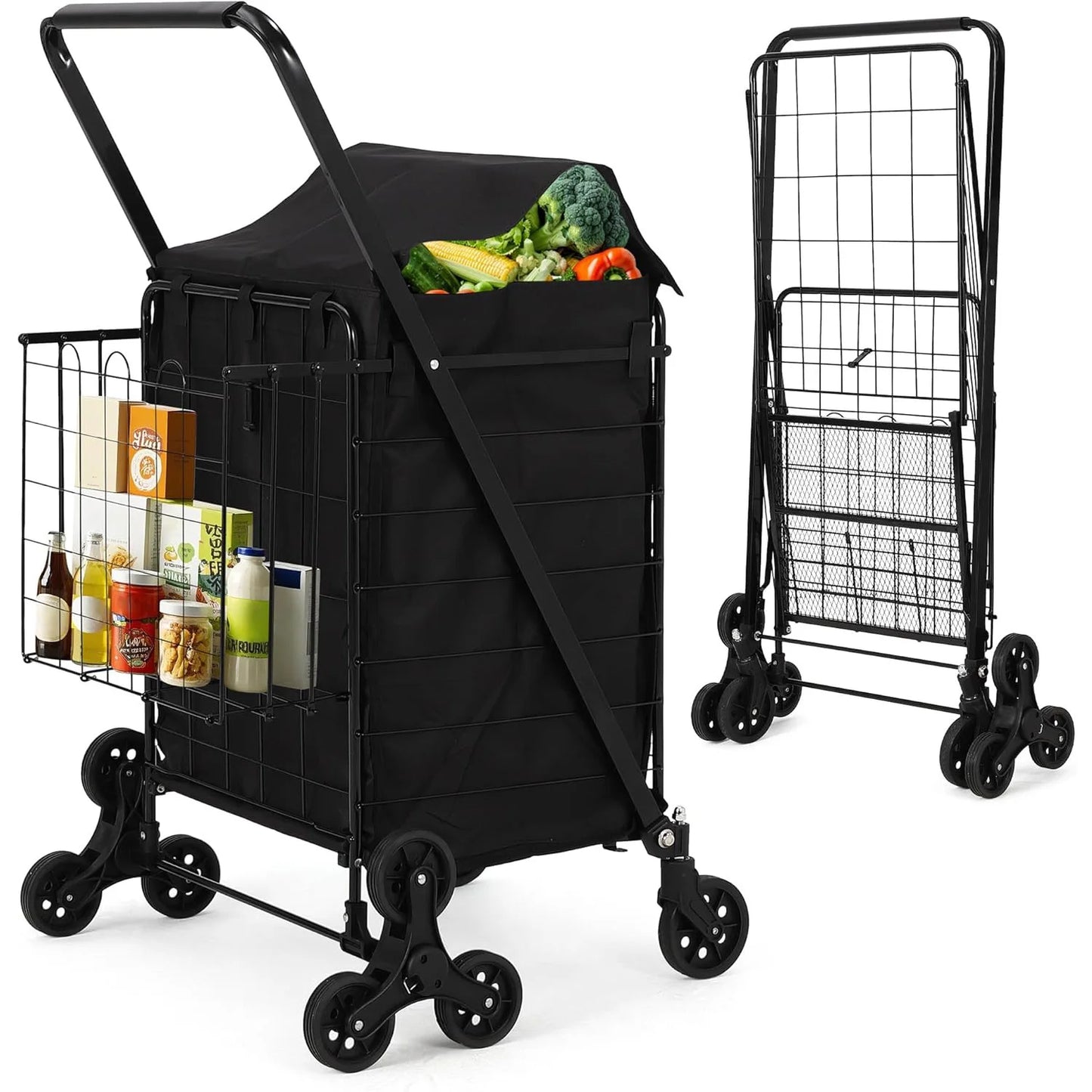 Portable Collapsible Folding Utility Cart Stair Climbing Grocery Cart Featuring Rear Tri-Wheels 360° Swivel Wheels for Grocery
