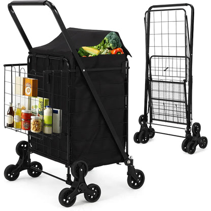 Portable Collapsible Folding Utility Cart Stair Climbing Grocery Cart Featuring Rear Tri-Wheels 360° Swivel Wheels for Grocery