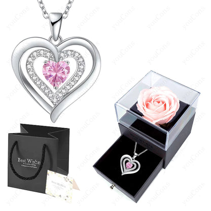Zircon Heart Pendant Necklace With Rose Bow Box 2025 New Jewelry Set For Girlfriend Mother Christmas Anniversary Valentine Gift