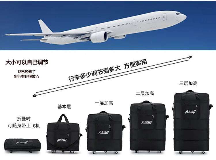 Travelling Pack Wheels For Women Men Expandable Foldable Trolley Luggage Versatile Black Suitcase for Weekend Trip Overnight Bag