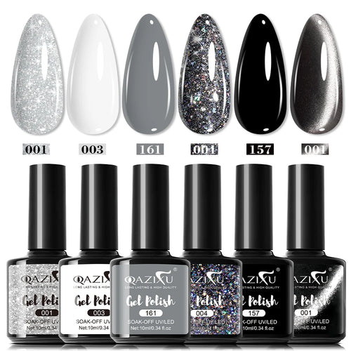 6pcs Black White Nail Gel Polish Set 10Ml Soak Off UV LED Varnish Manicure Tools Design for Home Salon Nail Art DIY