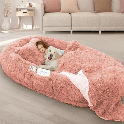 Large Washable Memory Foam Dog Bed with Pillow & Blanket, 71x45x12 Inches, PinkTime-limited