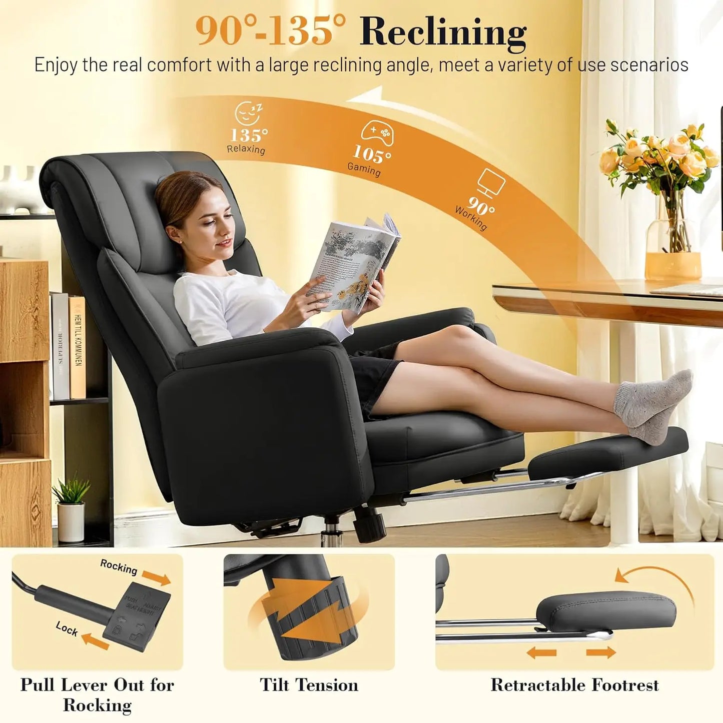 Big and Tall Office Chair, 400LBS Wide Leather Executive Chair, Reversible Armrest for Pets Criss Cross Legged,, Customized