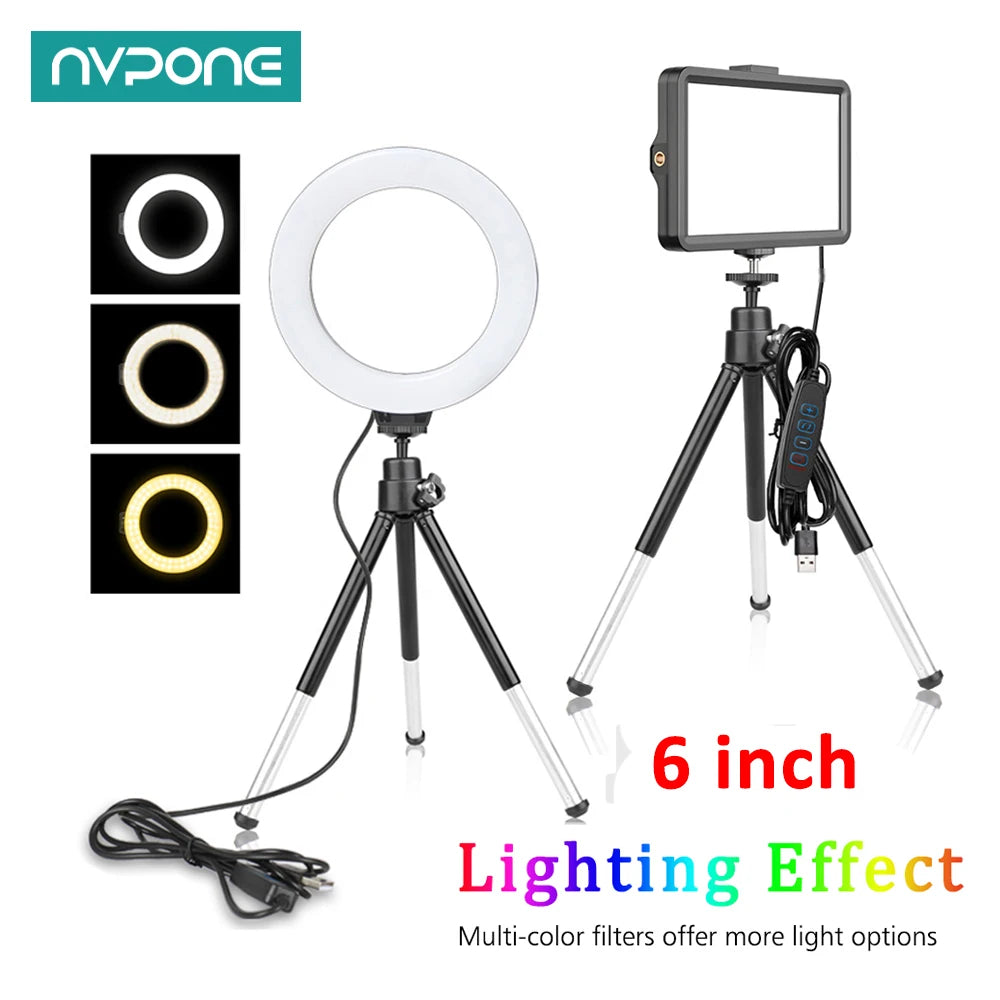 6 Inch LED Photography Video Light Panel RGB Filters Lighting Photo Studio Lamp Kit for Shoot Live Streaming Ring Light Tripod