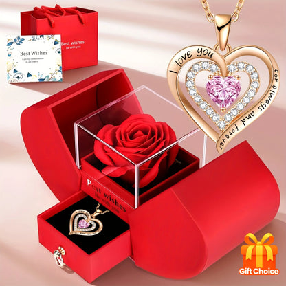 Exquisite Pink Heart Necklace withRed Rose Gift Box for Wife,Mother's Day Present,Valentine's Date Souvenir,Anniversary Keepsake